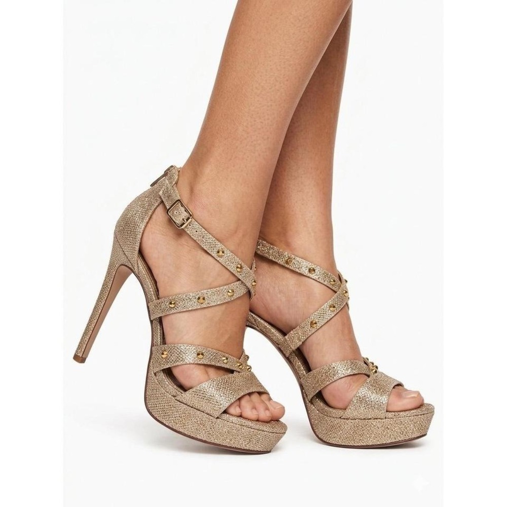 Dream Pairs 10 Gold Glitter StudPlatform Strappy Stiletto  Zip Up Bootie Heels